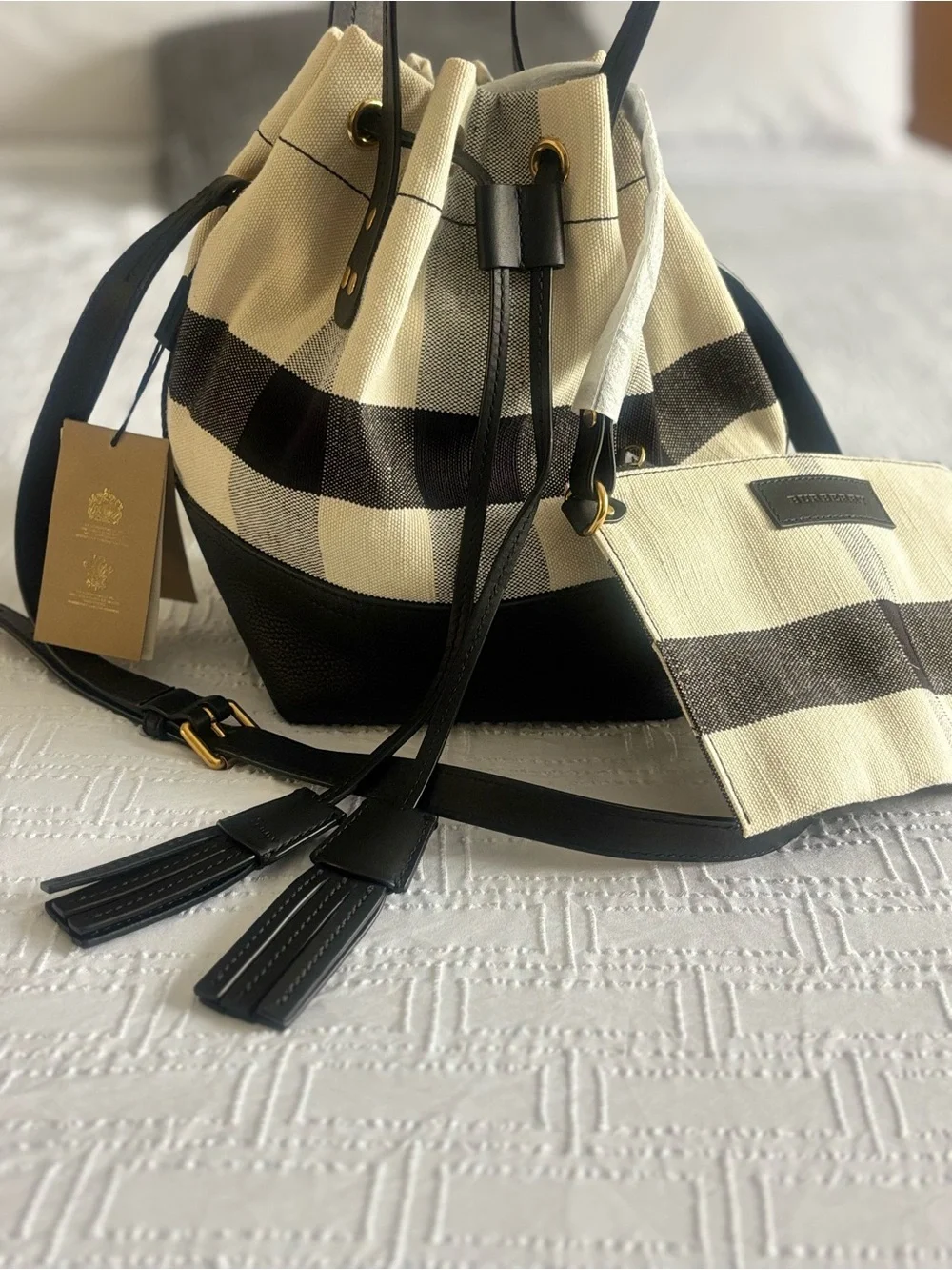 Burberry Black and Cream Check Bucket Crossbody with Pouch